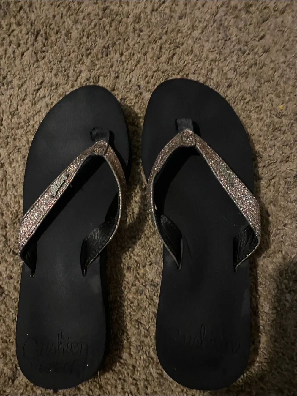 Reef Black Sandals with Glittery Rose-Gold Straps